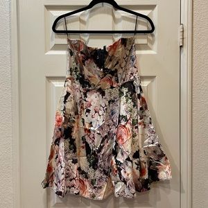 Floral, strapless, flared mini dress